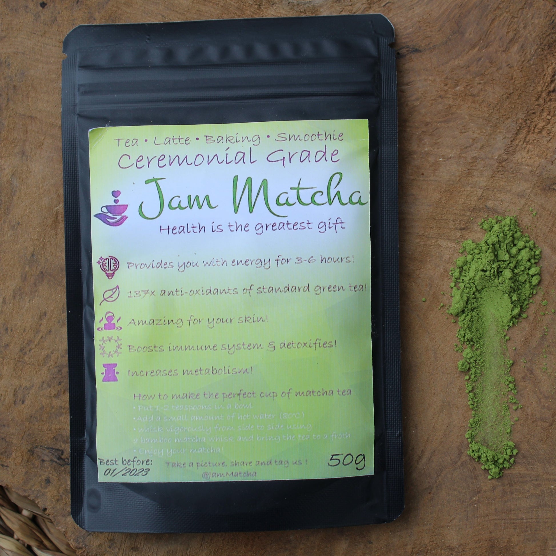 Biologische Matcha Poeder - Sealverpakking 50g - Ceremonial grade matcha thee - JamMatcha - Jam Health