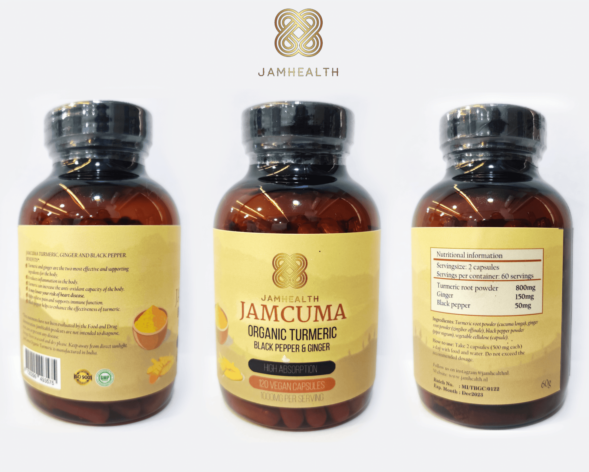 JamCuma kurkuma capsules - met gember en zwarte peper - hoge opname - 1000mg vegicaps - Jam Health
